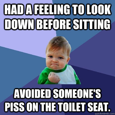 Had a feeling to look down before sitting avoided someone's Piss on the toilet seat.  Success Kid