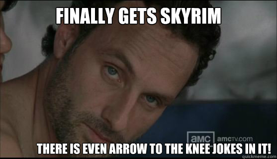 Finally gets Skyrim There is even arrow to the knee jokes in it!  