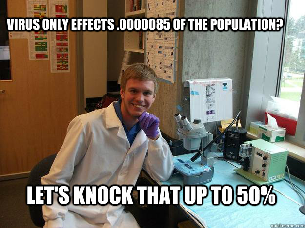 Virus only effects .0000085 of the population? Let's knock that up t0 50% - Virus only effects .0000085 of the population? Let's knock that up t0 50%  Scumbag scientist