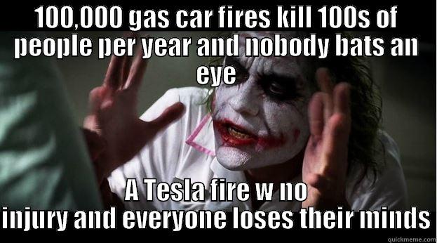 100,000 GAS CAR FIRES KILL 100S OF PEOPLE PER YEAR AND NOBODY BATS AN EYE A TESLA FIRE W NO INJURY AND EVERYONE LOSES THEIR MINDS Joker Mind Loss