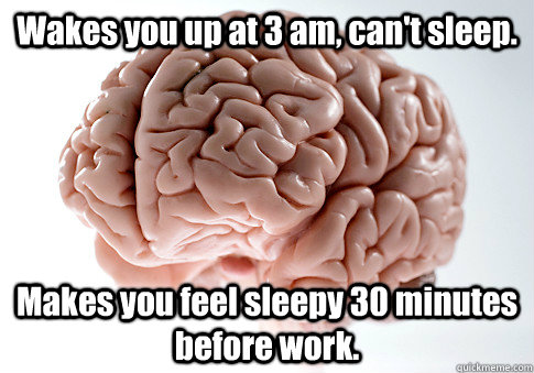 Wakes you up at 3 am, can't sleep. Makes you feel sleepy 30 minutes before work.   Scumbag Brain
