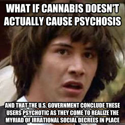 what if cannabis doesn't actually cause psychosis and that the u.s. government conclude these users psychotic as they come to realize the myriad of irrational social decrees in place - what if cannabis doesn't actually cause psychosis and that the u.s. government conclude these users psychotic as they come to realize the myriad of irrational social decrees in place  conspiracy keanu