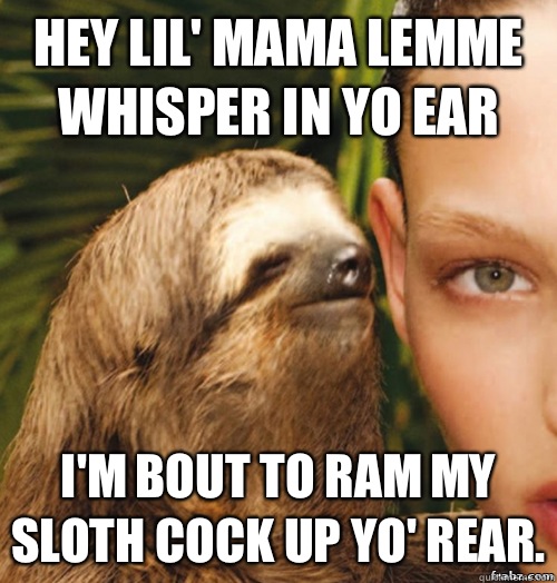 Hey lil' mama lemme whisper in yo ear I'm bout to ram my sloth cock up yo' rear.  rape sloth
