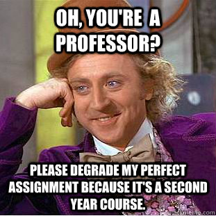 Oh, You're  a Professor? Please degrade my perfect assignment because it's a second year course.  Creepy Wonka