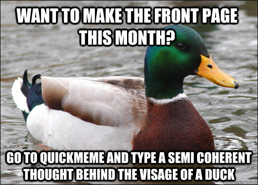 Want to make the front page this month? go to quickmeme and type a semi coherent thought behind the visage of a duck - Want to make the front page this month? go to quickmeme and type a semi coherent thought behind the visage of a duck  Actual Advice Mallard