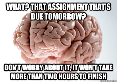 What? that assignment that's due tomorrow? don't worry about it, it won't take more than two hours to finish  Scumbag Brain