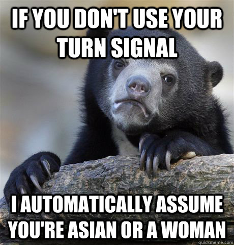 If you don't use your turn signal I automatically assume you're asian or a woman  Confession Bear