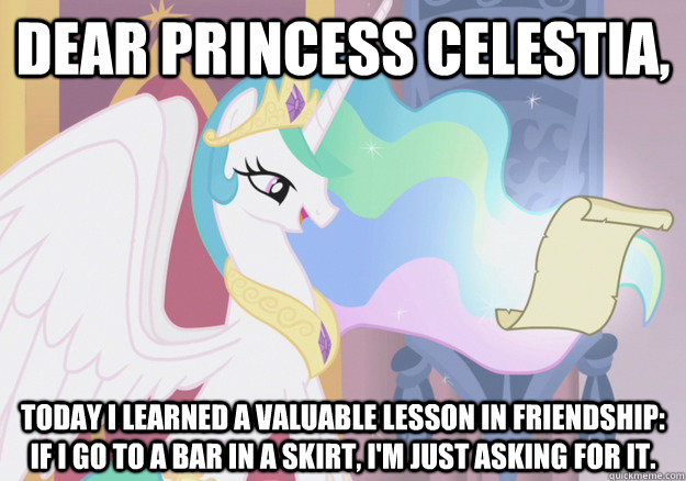 Dear Princess Celestia, Today I learned a valuable lesson in friendship: if I go to a bar in a skirt, I'm just asking for it. - Dear Princess Celestia, Today I learned a valuable lesson in friendship: if I go to a bar in a skirt, I'm just asking for it.  Friendship Letter - Bar