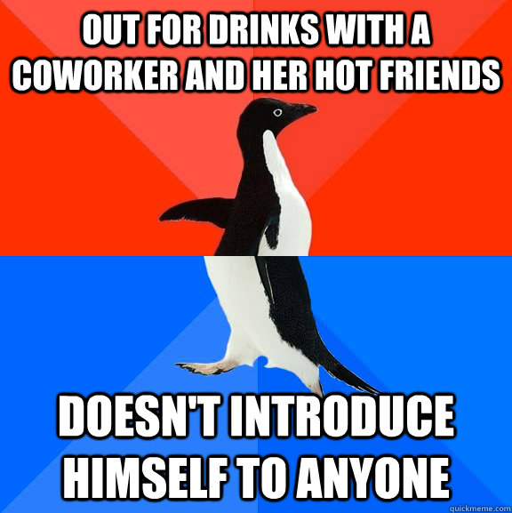 Out for drinks with a coworker and her hot friends Doesn't introduce himself to anyone  Socially Awesome Awkward Penguin