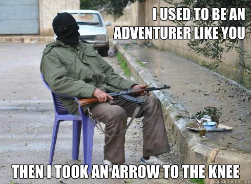 Then I took an arrow to the knee I used to be an
 adventurer like you  Lazy Rebel