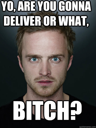 Yo, are you gonna deliver or what, bitch? - Yo, are you gonna deliver or what, bitch?  Jessie Pinkman