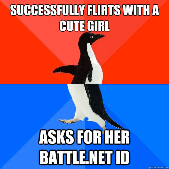 Successfully flirts with a cute girl Asks for her battle.net id  Socially Awesome Awkward Penguin