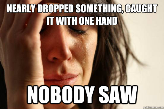 nearly dropped something, caught it with one hand nobody saw  First World Problems