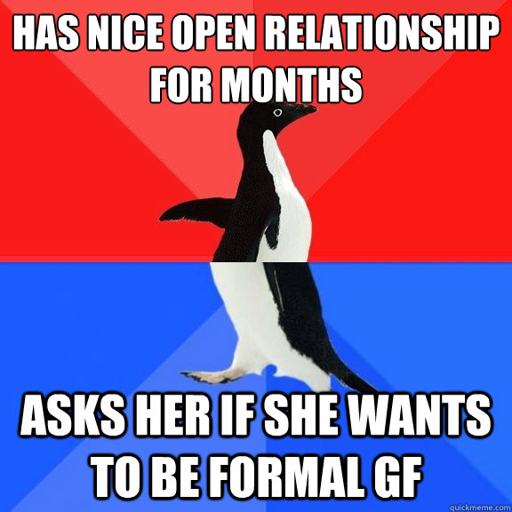 has nice open relationship for months asks her if she wants to be formal gf  Socially Awksome Penguin