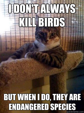 I don't always kill birds but when I do, they are  endangered species  The Most Interesting Cat in the World