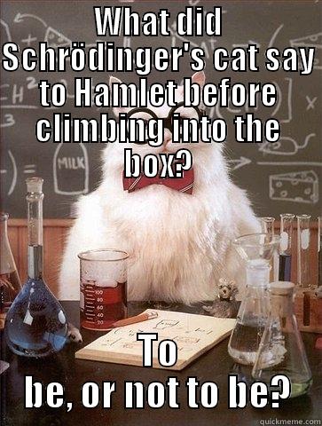 WHAT DID SCHRÖDINGER'S CAT SAY TO HAMLET BEFORE CLIMBING INTO THE BOX? TO BE, OR NOT TO BE? Chemistry Cat