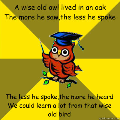 A wise old owl lived in an oak
The more he saw,the less he spoke The less he spoke,the more he heard
We could learn a lot from that wise old bird  Observational Owl