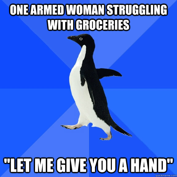 One armed woman struggling with groceries 