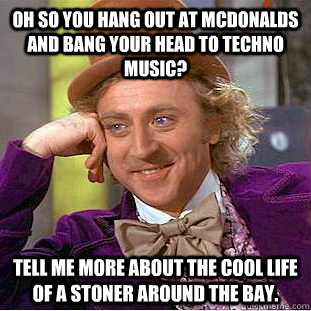 Oh so you hang out at mcdonalds and bang your head to techno music? tell me more about the cool life of a stoner around the bay.  Condescending Wonka