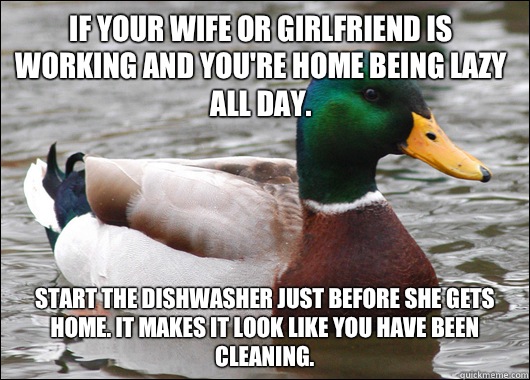 If your wife or girlfriend is working and you're home being lazy all day.  Start the dishwasher just before she gets home. It makes it look like you have been cleaning.   Actual Advice Mallard