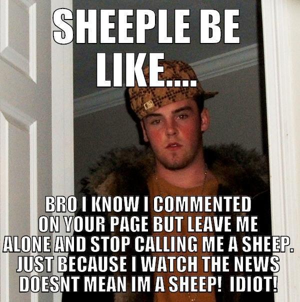 SHEEPLE BE LIKE.... BRO I KNOW I COMMENTED ON YOUR PAGE BUT LEAVE ME ALONE AND STOP CALLING ME A SHEEP. JUST BECAUSE I WATCH THE NEWS DOESNT MEAN IM A SHEEP!  IDIOT! Scumbag Steve