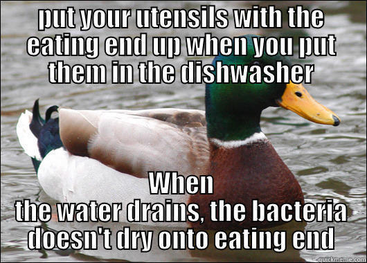 PUT YOUR UTENSILS WITH THE EATING END UP WHEN YOU PUT THEM IN THE DISHWASHER WHEN THE WATER DRAINS, THE BACTERIA DOESN'T DRY ONTO EATING END Actual Advice Mallard
