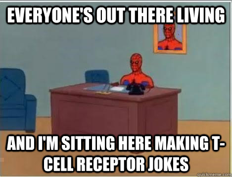 everyone's out there living and i'm sitting here making T-cell receptor jokes  Spiderman Desk