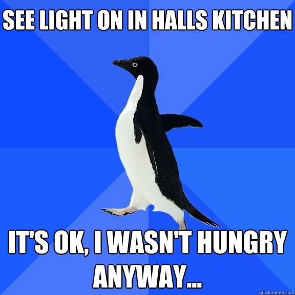 See light on in halls kitchen It's ok, i wasn't hungry anyway...  Socially Awkward Penguin