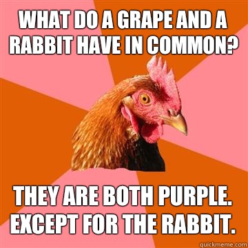 What do a grape and a rabbit have in common? They are both purple. Except for the rabbit.   Anti-Joke Chicken