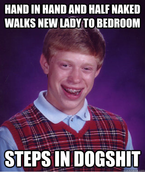 hand in hand and half naked walks new lady to bedroom steps in dogshit   Bad Luck Brian