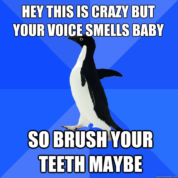 Hey this is crazy but
your voice smells baby so Brush your teeth maybe  Socially Awkward Penguin