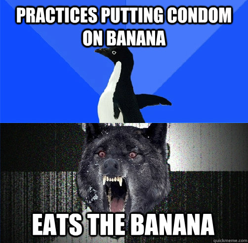 practices putting condom on banana eats the banana  