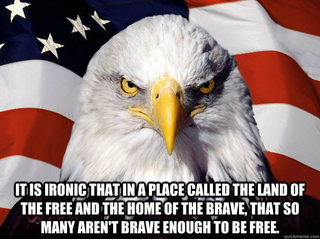  It is ironic that in a place called the land of the free and the home of the brave, that so many aren't brave enough to be free. -  It is ironic that in a place called the land of the free and the home of the brave, that so many aren't brave enough to be free.  Patriotic Eagle