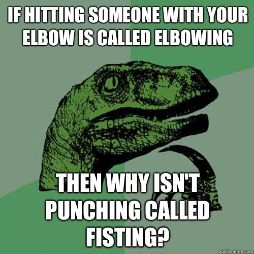 If hitting someone with your elbow is called elbowing then why isn't punching called fisting?  Philosoraptor