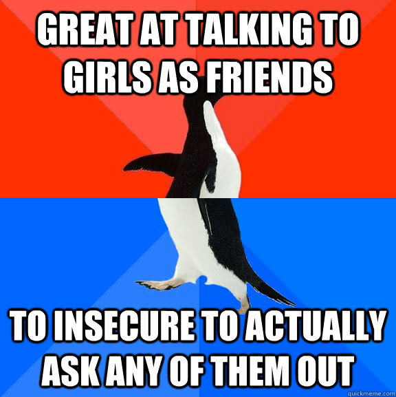 great at talking to girls as friends to insecure to actually ask any of them out  Socially Awesome Awkward Penguin