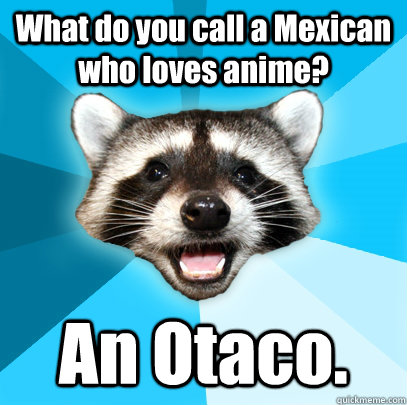 What do you call a Mexican who loves anime? An Otaco.  Lame Pun Coon
