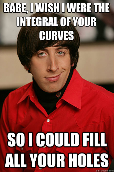 Babe, I wish I were the integral of your curves So I could fill all your holes - Babe, I wish I were the integral of your curves So I could fill all your holes  Pickup Line Scientist