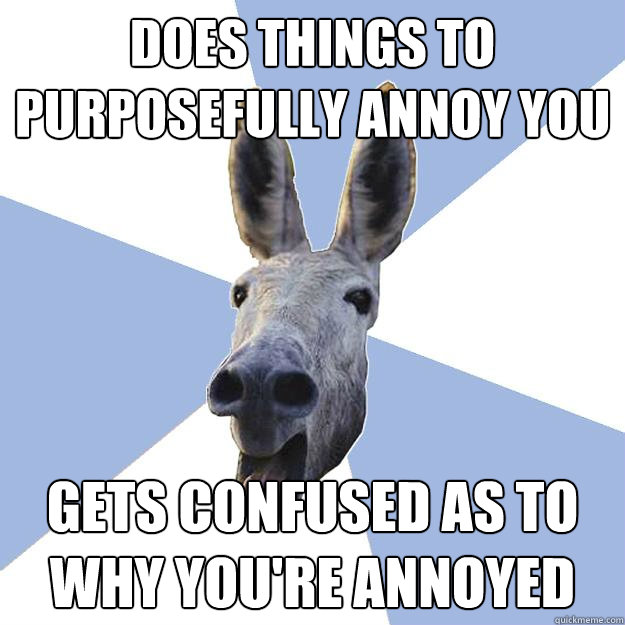 Does things to purposefully annoy you gets confused as to why you're annoyed  Jackass Boyfriend
