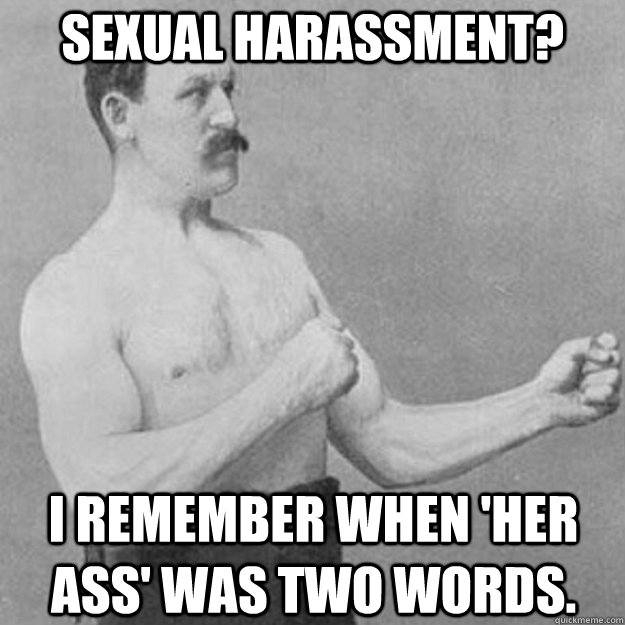 Sexual Harassment? I remember when 'her ass' was two words.  overly manly man