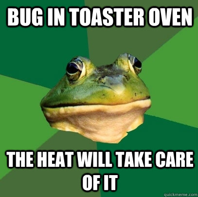 Bug in toaster oven the heat will take care of it  Foul Bachelor Frog