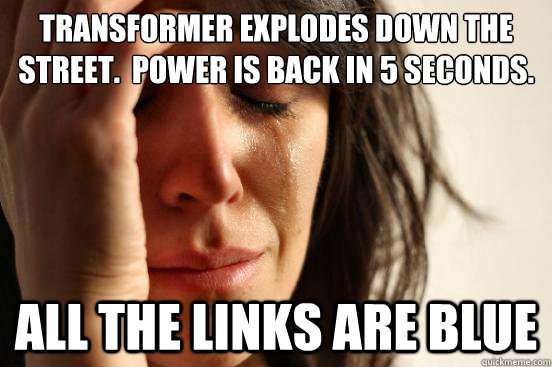 Transformer explodes down the street.  power is back in 5 seconds. All the links are blue  First World Problems