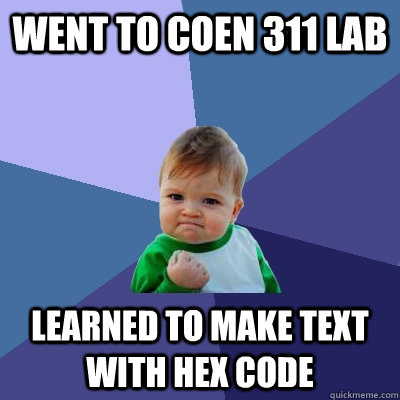 went to coen 311 lab learned to make text with hex code  Success Kid