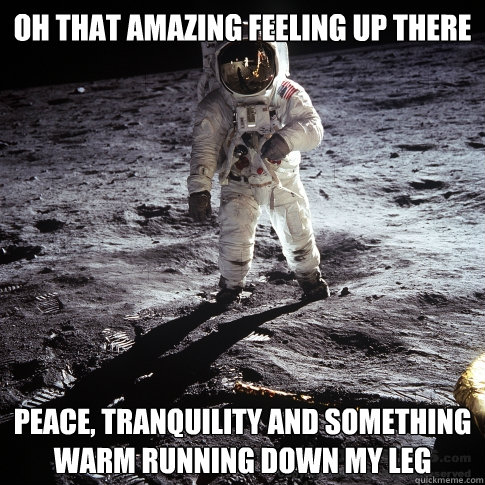 oh that amazing feeling up there peace, tranquility and something warm running down my leg - oh that amazing feeling up there peace, tranquility and something warm running down my leg  Buzz Aldrin