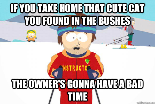If you take home that cute cat you found in the bushes The owner's gonna have a bad time  Super Cool Ski Instructor