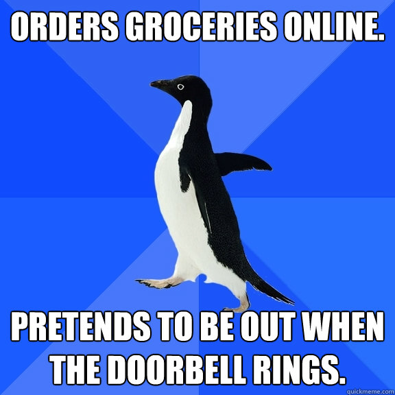 Orders Groceries online. pretends to be out when the doorbell rings.  Socially Awkward Penguin