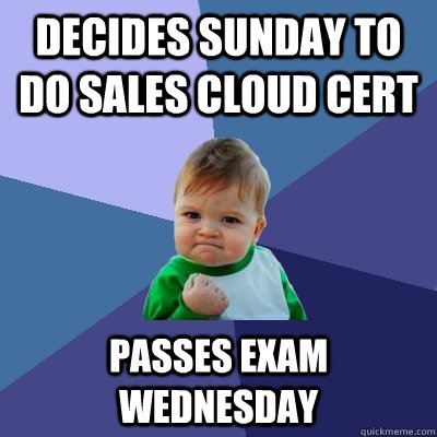 Decides Sunday to do Sales Cloud Cert Passes Exam Wednesday   Success Kid