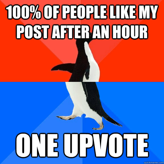 100% of people like my post after an hour one upvote  Socially Awesome Awkward Penguin