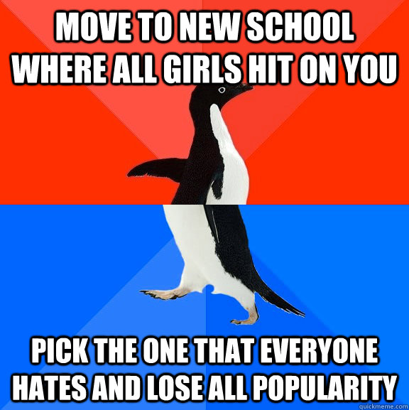 Move to new school where all girls hit on you Pick the one that everyone hates and lose all popularity  Socially Awesome Awkward Penguin