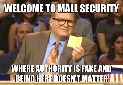 WELCOME TO Mall Security WHERE Authority is fake AND being here DOESN'T MATTER  Whose Line