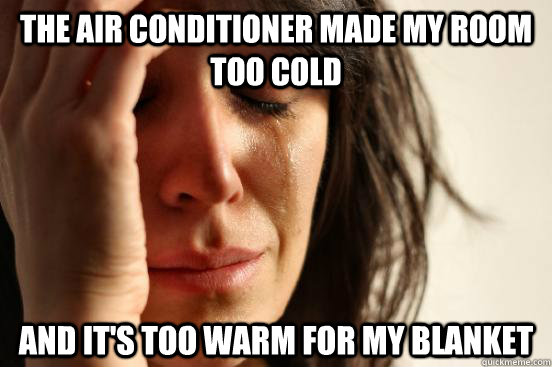 The air conditioner made my room too cold and it's too warm for my blanket  First World Problems